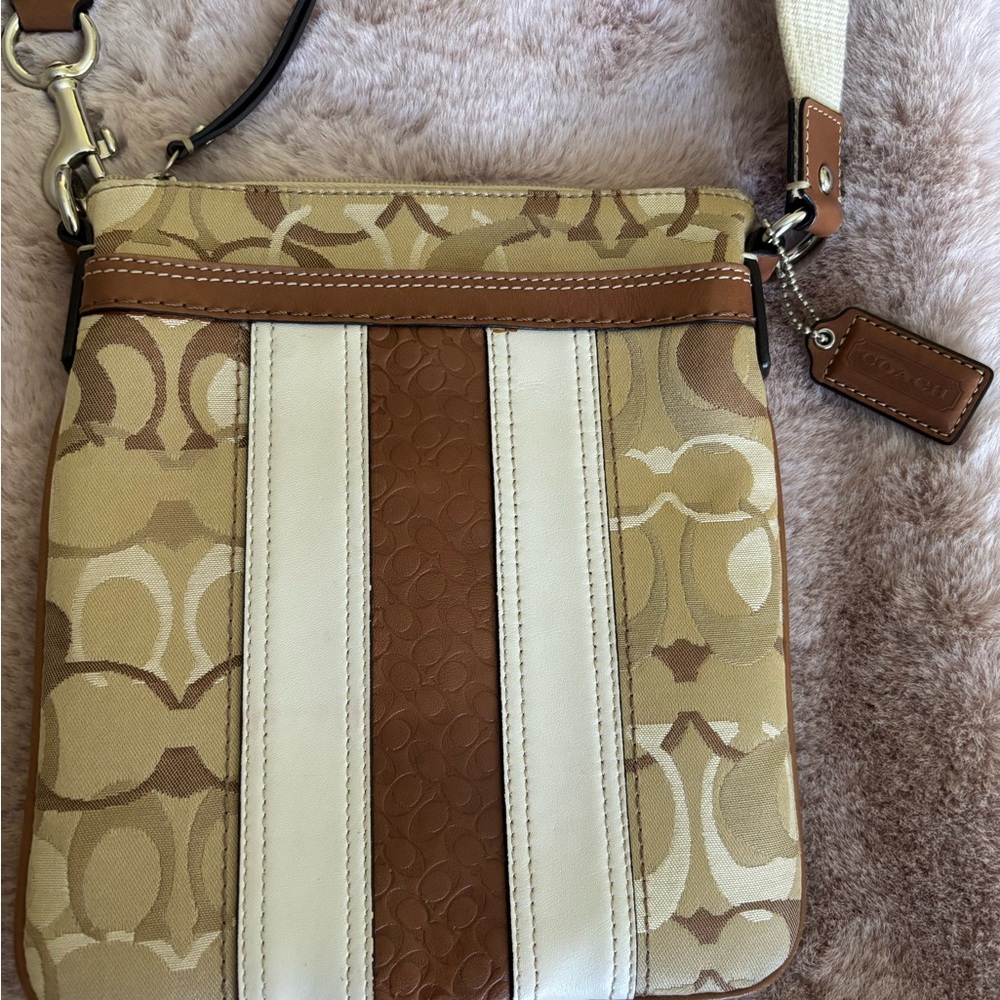COACH Tan and Brown Crossbody Bag with Monogram Print